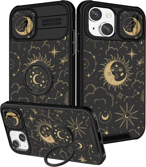 (2in1 for iPhone 15 Plus Case for Women Girls Cute Sun Moon Star Cover Girly Pretty Black Aesthetic Unique Design with Camera Cover and Ring Stand...