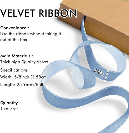 Blue Velvet Ribbon 5/8'' 25 Yards for Christmas Tree, Gift Wrapping, Flower Bouquet, Wreath Decorations, Bow Making...