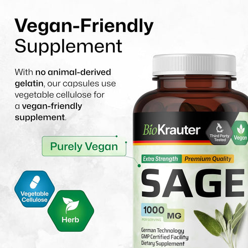 BIO KRAUTER Sage Supplement Capsules 1000 mg - 250 Vegan Caps - Supplement with Salvia Officinalis - Immune & Digestive Support - Rich in Antioxid...