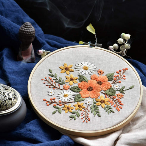 FEPITO 2 Sets Full Range Embroidery Starter Kit with Pattern and Instructions Cross Stitch Kit Includes 2 Pcs Embroidery Clothes with Floral Patte...