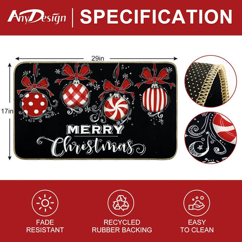 Merry Christmas Door Mat Black Red Christmas Ball Front Door Mat with Anti-Slip Rubber Back Xmas Holiday Indoor Outdoor Carpet for Home Office Kit...
