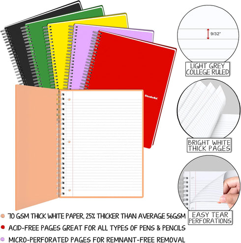 Spiral Notebooks, 6 Pack, 1-Subject, College Ruled Paper, 8.5 x 11, 70 Sheets of 70g/? Paper, Durable PP Cover, For School, Office, Business, Prof...