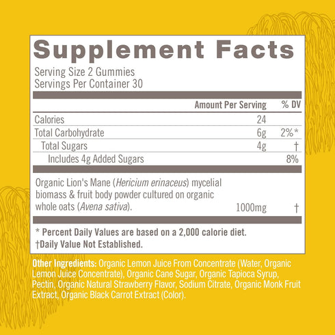 Om Mushroom Superfood | Lion's Mane Gummies | USA Grown Organic Mushrooms |Memory, Focus, Clarity, Nerve Health & Mood Support | 60 Count, 30 Serv...