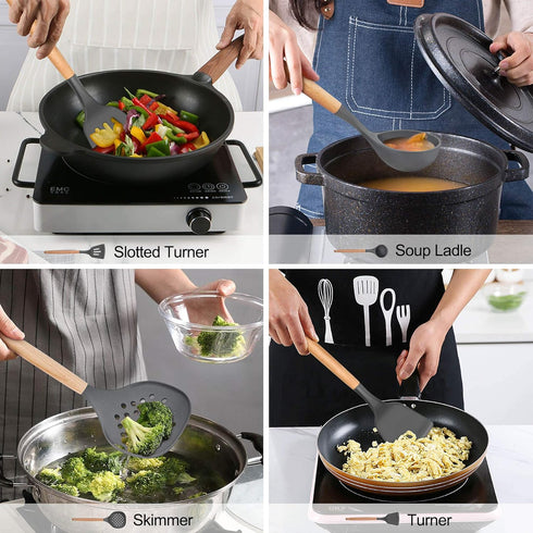 LIANYU 15-Piece Kitchen Silicone Cooking Utensils Set with Holder, Wooden Handle Kitchen Tools Include Spatula Tong Slotted Spoon Turner Whisk Bru...