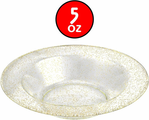 Glitter Gold Premium Plastic Round Dessert Bowl - 5 oz, (12 Packs of 10) - Elegant Durable Plastic, Ideal for Weddings, Parties & Events (120)...