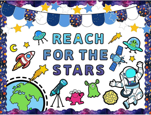 82Pcs Outer Space Bulletin Board Decoration Kit Astronauts Aliens Rockets Reach for The Stars Cutouts with Glue Points Space Theme Bulletin Board ...