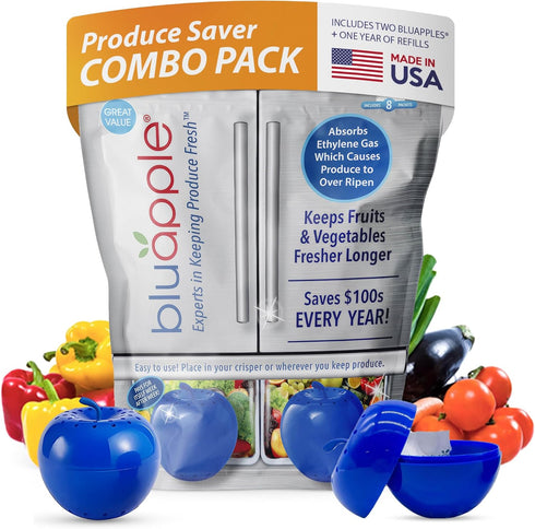 Bluapple Ethylene Gas Absorber Produce Saver Combo Pack - Keeps Fruits & Veggies Fresh in Refrigerator, Lasts up to 3 Months, 8 Packets and 2 Blua...