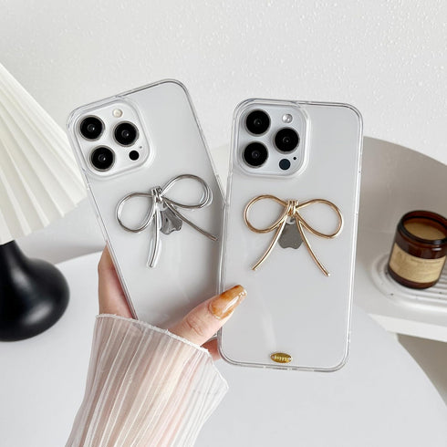 Simple 3D Bow Clear Soft Phone Case Compatible with iPhone Case (Gold,iPhone 15)...