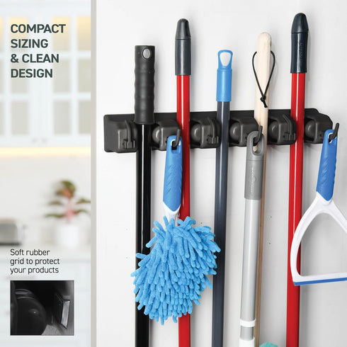Mop and Broom Holder Wall Mount - Garage Storage Organizer with 5 Slots, 6 Hooks, 7.5lbs Capacity Per Slot - Home, Kitchen, Closet, Garden Tools, ...