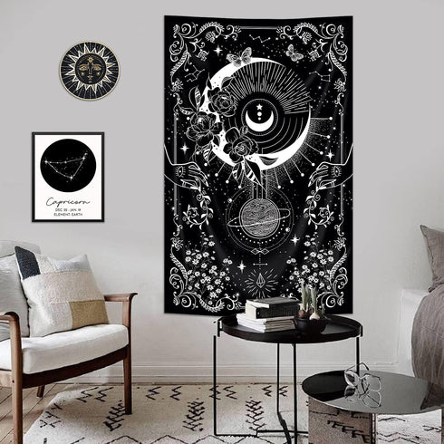 Riyidecor Gothic Vertical Goth Tapestry Wiccan Witch Wall Hanging Moon Tarot 30Wx50H Inch Goth Black White Aesthetic Floral Small Bohemian Stars M...