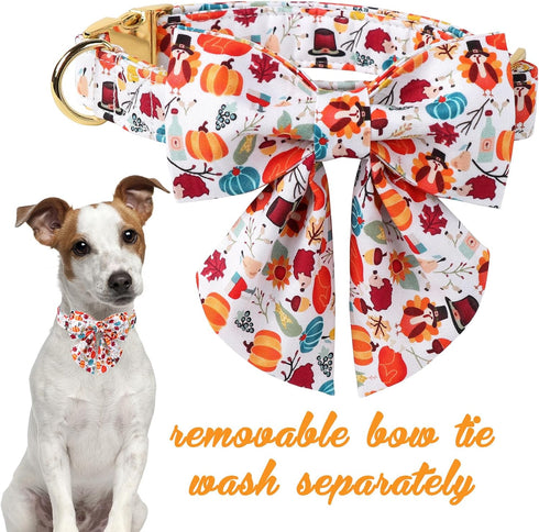 Unique Style Paws Cotton Dog Collar with Bow Halloween Pumpkin Plaid Dog Collar with Bow Tie for Small Medium Large Dogs Pets Gifts...