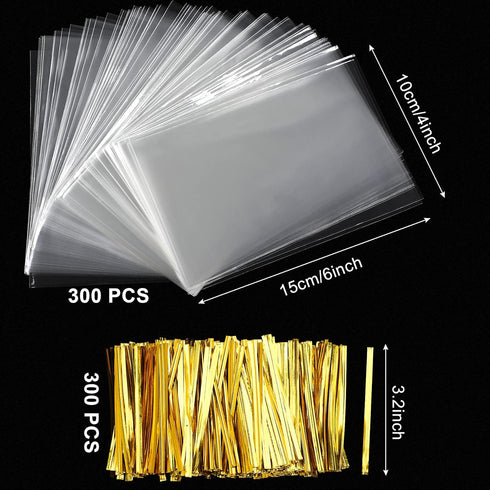 Augshy Cake Pop Bags,300 Pcs 4x6" Treat Cello Bags for lollipop with 300 Twist Ties, 1.4 mils Thickness OPP Plastic Bags for Lollipop Candy Chocol...
