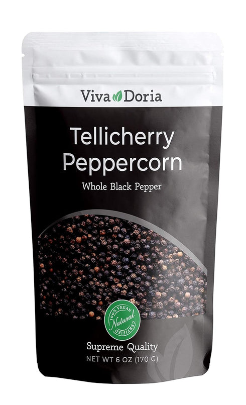 Viva Doria Tellicherry Peppercorn, Whole Black Pepper, Steam Sterilized Black Peppercorns, 6 Oz, For Grinder Refill...