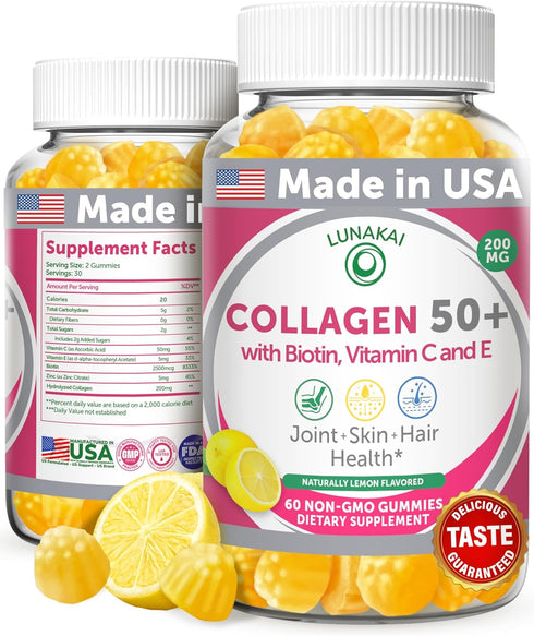 Lunakai Collagen Gummies with Biotin for Men & Women Over 50 - Delicious Proprietary Formula with Zinc Vitamin C & E - Anti-Aging & Joint Support ...