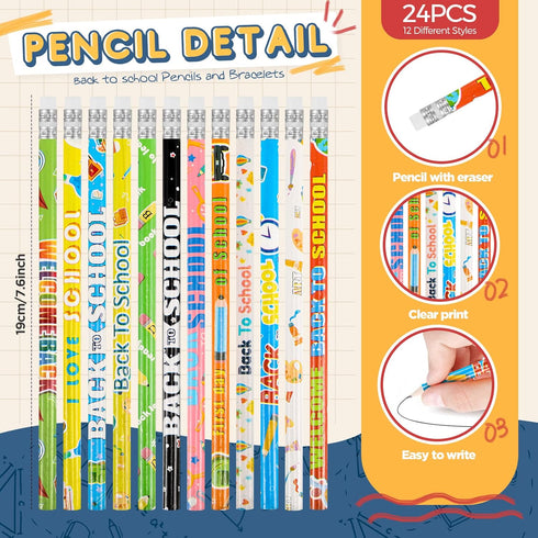 Sabary 48 Pcs Back to School Pencils Silicone Bracelets Set Back to School Party Favor for Kids First Day of School Bulk Pencils Bracelets Gifts f...