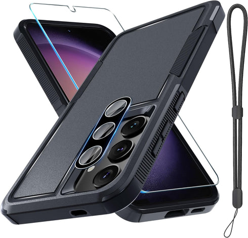 for Samsung Galaxy S24 Plus Case, Full Body Heavy Duty Rugged Shockproof Protective Phone Cover with Lanyard Strap, Tempered Glass Screen Protecto...