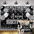 Black Silver Happy Birthday Banner Backdrop 7x5FT Black and Silver Party Decorations Silver Glitter Birthday Background for Women Men Birthday Par...