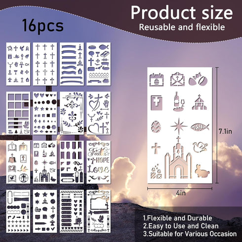 16 Pack Journaling Stencils, Christian Stencil for Journal Diary Scrapbook Notebook Decor, Reusable Planner Bullet Journaling Stencils, Plastic Or...