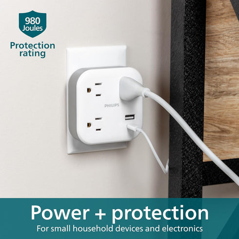 Philips 3-Outlet Surge Outlet Extender with USB, 1 USB-A, 1 USB-C, 12W, 980J, White - SPP9393W/37...