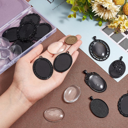 PH PandaHall 24pcs 30x40mm Pendant Trays for Jewelry Making Black Oval Blank Bezel Pendant Trays Settings and Glass Cabochon Memorial Photo Charms...