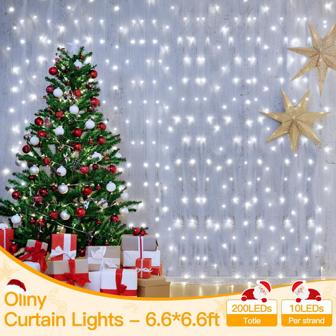 Ollny Curtain Lights 6.6x6.6ft, 200 LED White String Lights with Remote 8 Modes Dimmable Timer, USB Power Fairy Light for Bedroom Backdrop Indoor ...