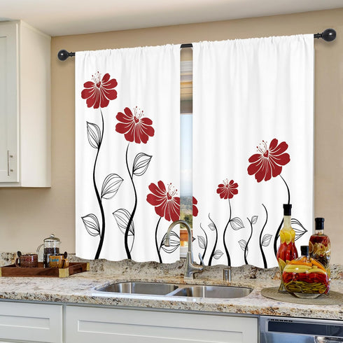 Riyidecor Red Flower Kitchen Curtains for Christmas 27.5x39 Inch Floral Petals Rod Pocket Leaves Lines Woman White Plant Printed Living Room Bedro...