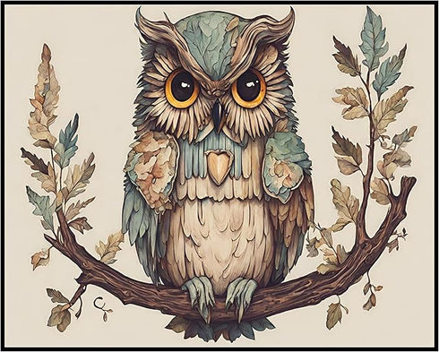 Posterizer 1 pcs- Cute blue and white owl sitting on a tree-Art for Animal Lovers-Floral Botanical Art- Gift for Men Women Teens-Decor for Home &...
