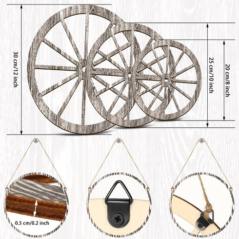 Qunclay 3 Pcs Wooden Wagon Wheel Decor 12/10/8 Inch Old Western Western Wall Decor Farmhouse Wagon Wheels Rustic Yard Wall Art Decor Hanging Decor...