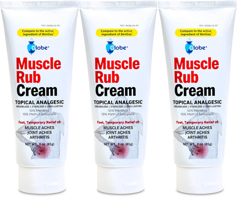 (3 Pack) Globe Ultra Strength Greaseless Muscle Rub Cream (3 oz). Compare to The Active Ingredients of Greaseless Bengay, 10% Menthol & 15% Methyl...
