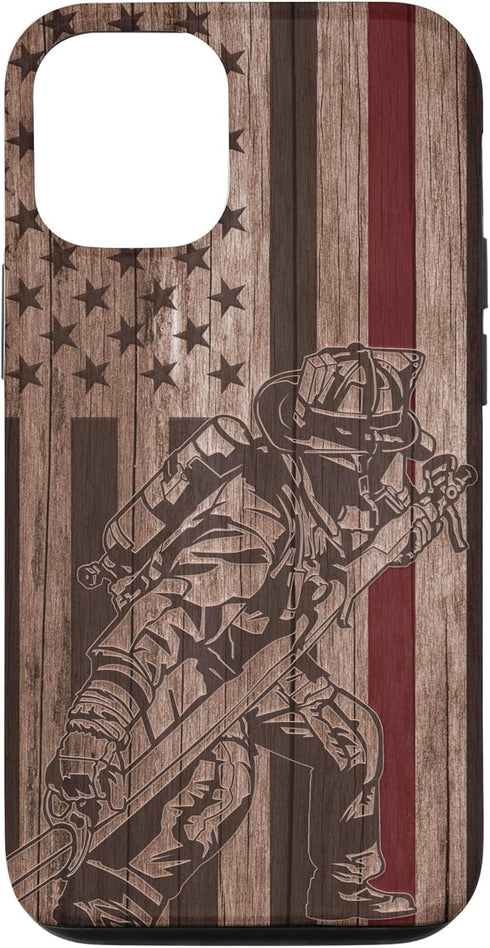iPhone 13 Wood Fireman American Flag Thin Red Line US Firefighter Gift Case...