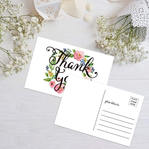 50 Thank You Postcards-Blank Thank You Note Card, Floral Watercolor Calligraphy Note Card Stationery for Wedding, Bridesmaid, Bridal or Baby Showe...