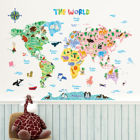 DECOWALL SG2-1615S Animal World Map Kids Wall Decals Wall Stickers Peel and Stick Removable Wall Stickers for Kids Nursery Bedroom Living Room (La...