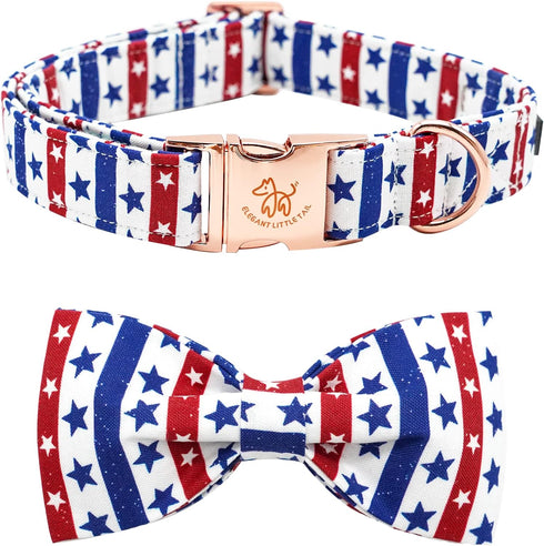 Elegant little tail Independence Day Dog Collar, American Flag Bowtie Dog Collars 4th of July American Pet Gift Adjustable Soft Puppy Collar for L...