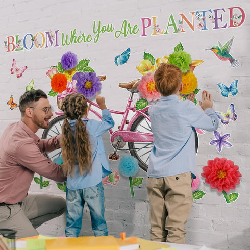 Flower Bulletin Board Decorations Set 3D Paper Flower Cutouts Summer Butterfly Bicycle Leaves Bird Wall Decals Springtime Bloom Where You are Plan...