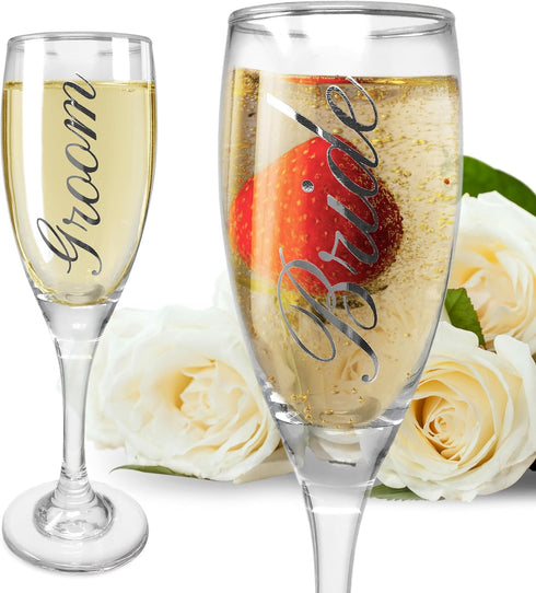 BANBERRY DESIGNS Bride and Groom Champagne Glasses Set of 2 Elegant Toasting Flutes Silver Wedding Champagne Set Wedding Glasses 6 oz...