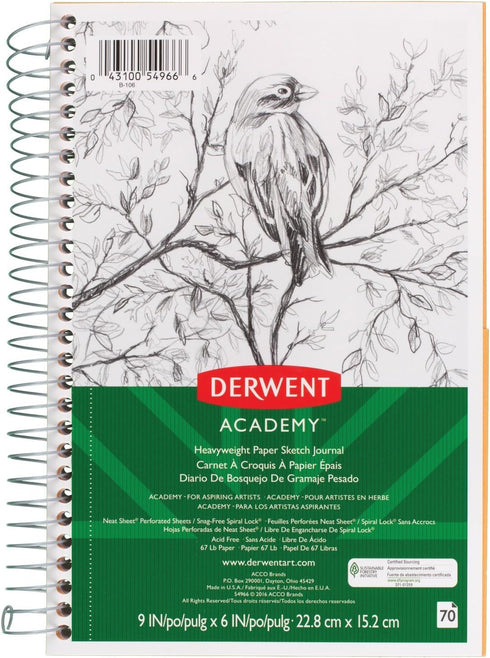 Derwent Academy Paper Sketch Journal, Wirebound, 70 Sheets, 9" x 6", Heavyweight (54966), White...