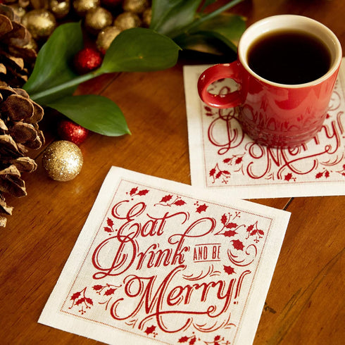 Five Star Napkins Eat Drink & Be Merry Christmas Cocktail Napkins - White Linen - 4.5" x 4.5" - Single Use - Party, Events, Holiday (50 x)...