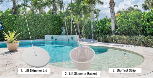 Pool Skimmer Basket/Skimmer Lid Lifting Hook and Pool Test Strip Holder for Pool Cleaning and Pool Maintenance - MADE IN THE USA - the Knee Saver ...