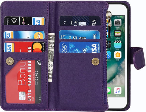 Jaorty Compatible with iPhone 7/8/iPhone SE 2nd 2020/iPhone SE 3rd 2022 Wallet Case, 9 Card Slots, Zipper Cash Pocket, Magnetic Leather Cover, Sho...
