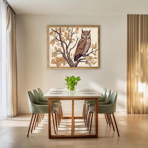Posterizer 1 pcs- Brown owl sitting on a tree in Autumn-Art for Animal Lovers-Floral Botanical Art- Gift for Men Women Entrepreneur Teens-Decor fo...