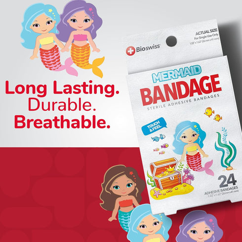 BioSwiss Bandages, Mermaid Shaped Self Adhesive Bandage, Latex Free Sterile Wound Care, Fun First Aid Kit Supplies for Kids, 24 Count...
