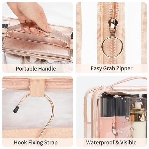 CUBETASTIC Clear Toiletry Bag for Women, Small Travel Bag with 360° Hanging Hook Clear Makeup Bags for Travelling Portable Cosmetic Organizer Case...