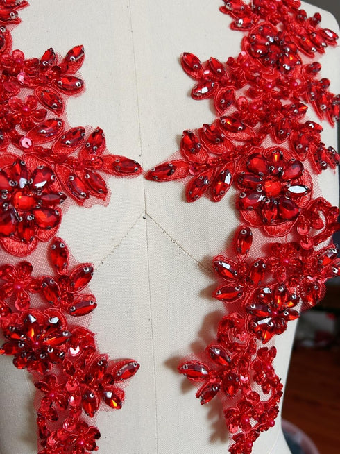 1 Pair Rhinestones Lace Applique Accessories Handsewing Glass Beads Stones Trim Patches for DIY Girl Wedding Dress Decorations (Red)...
