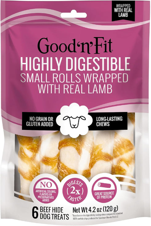 Good ‘n’ Fit Rolls Made with Real Lamb, 6 Small Rolls, Treat Your Dog to a Long-Lasting and Highly Digestible Rawhide Chew...