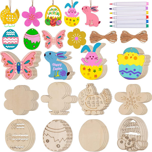 Max Fun 60PCS Wood Cutouts for Crafts Unfinished Ornaments DIY with Bunny to Paint for Kids Party Decorations Decor with Hanging Egg Shapes & Draw...
