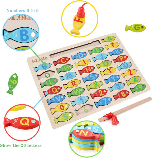 Magnetic Wooden Fishing Game Toy for Toddlers - Alphabet ABC Fish Catching Counting Learning Education Math Preschool Board Games Toys Gifts for 3...