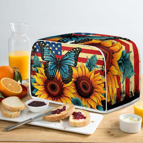 Sunflower Butterfly Print Toaster Cover 2 Slice American Flag Small Kitchen Appliance Cover, Washable Oven Cover Washable Kitchen Broiler Cover, A...