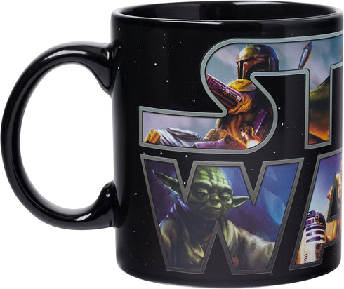 Silver Buffalo Star Wars Logo Heat Reveal Ceramic Coffee Mug Featuring Boba Fett, Yoda, Luke, C3PO, R2D2, Darth Vader, and Stormtrooper, 20-Ounces...