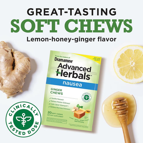 From the Makers of Dramamine, Advanced Herbals, Ginger Chews, Nausea Relief Soft Chews Lemon-Honey-Ginger, 20 Count...