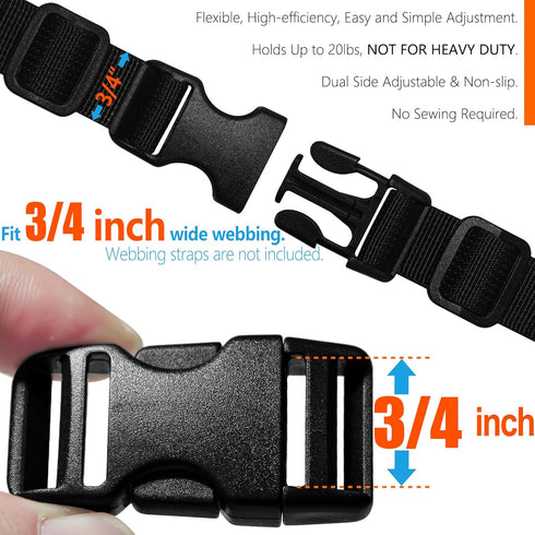 Buckles for 3/4 inch Wide Webbing Straps: Quick Side Release Buckles 10 set and Tri-Glide Slide 20 pcs Fit 0.75" Nylon Web Belt, Plastic Snap Fast...